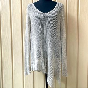 Eileen Fisher • Beige V-Neck Linen Cotton Blend Fishnet Asymmetrical Sweater